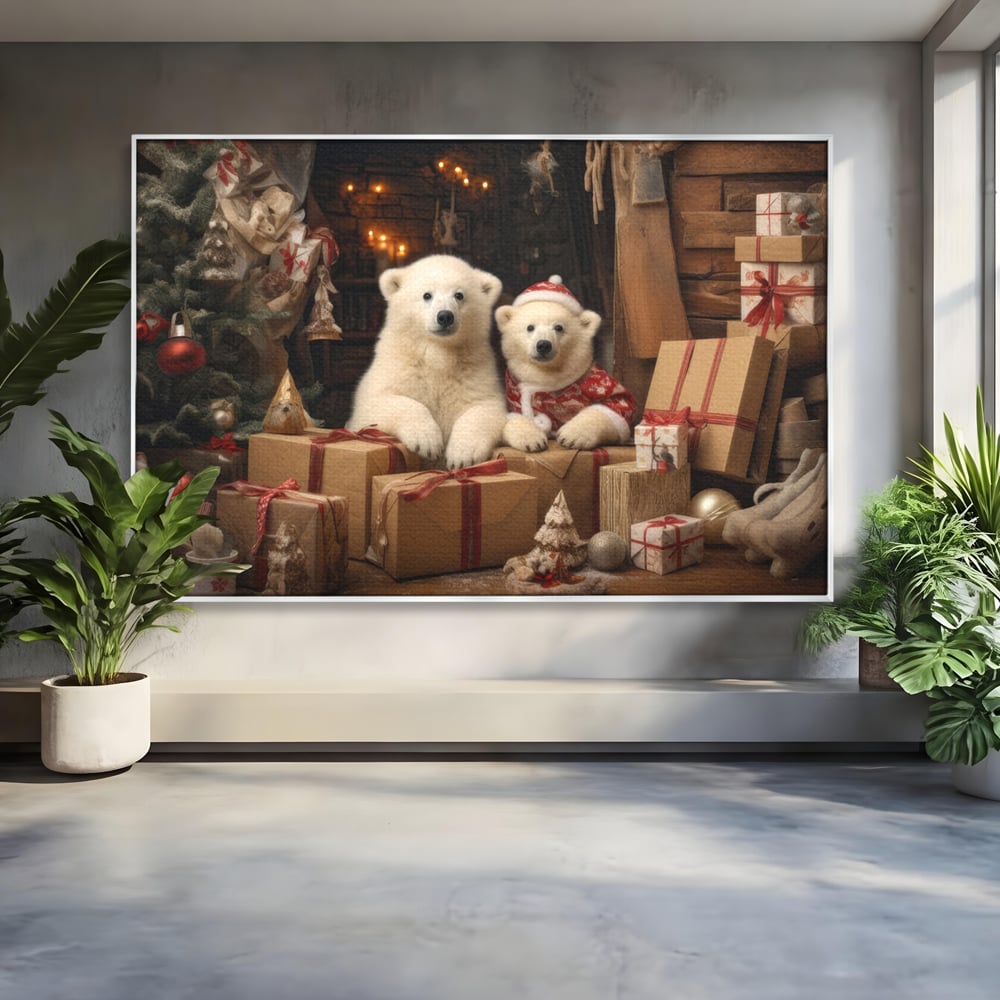 Tablou canvas cu doi ursuleti polari printre cadouri de craciun, in rama de aluminiu argintiu